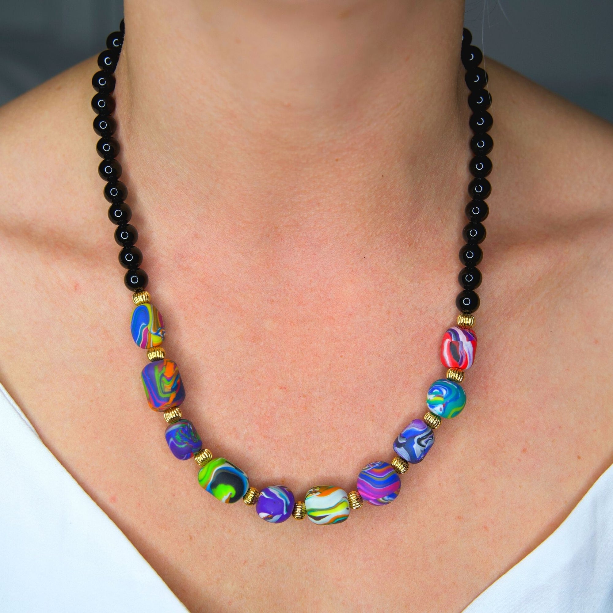 One of a Kind Necklace | Handmade Multi-coloured Beads | Black Onyx | 14kt Gold Filled Clasp | BONLMC300