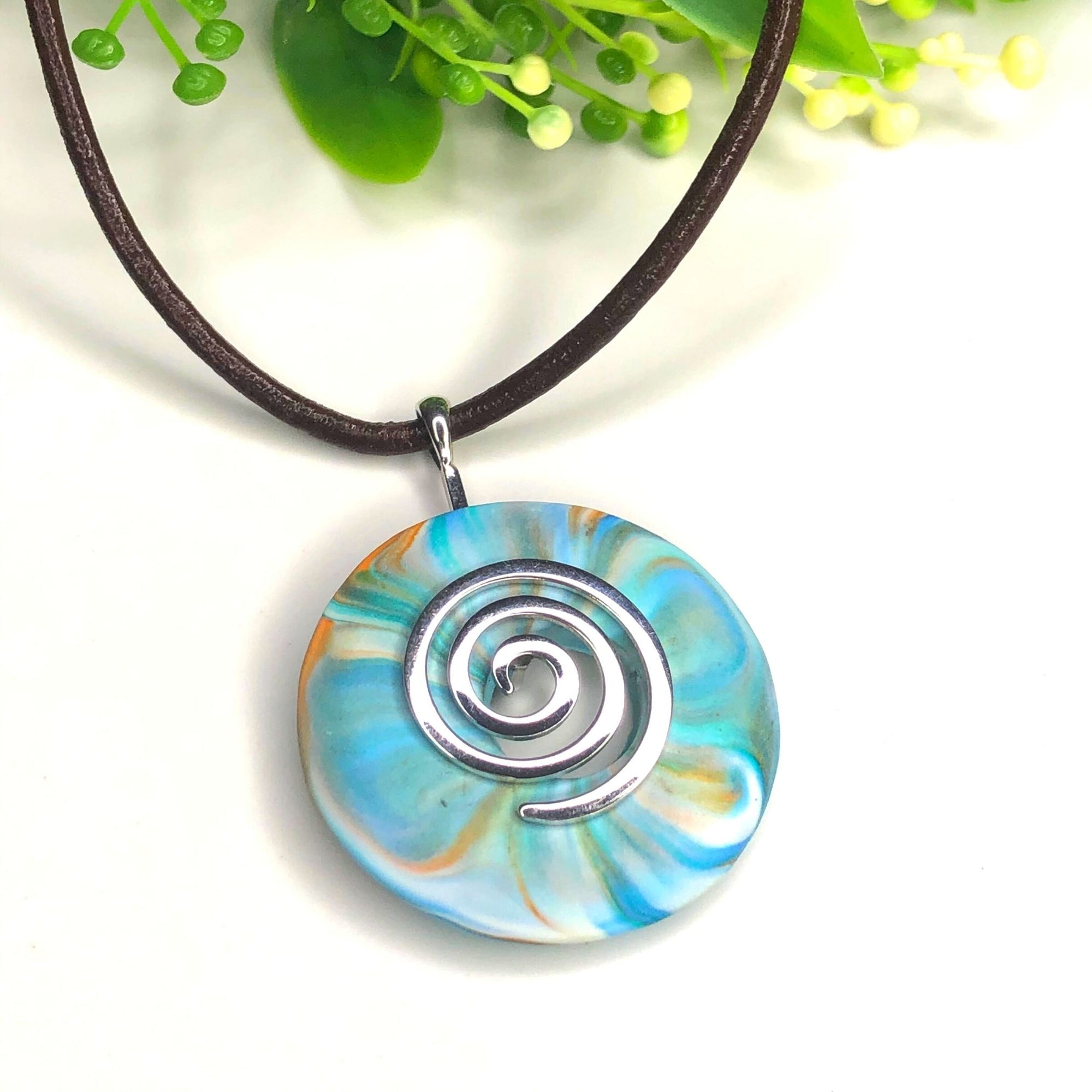 Handcrafted Necklace |Sterling Silver Swirl |Turquoise White and Orange Setting SWNLK104