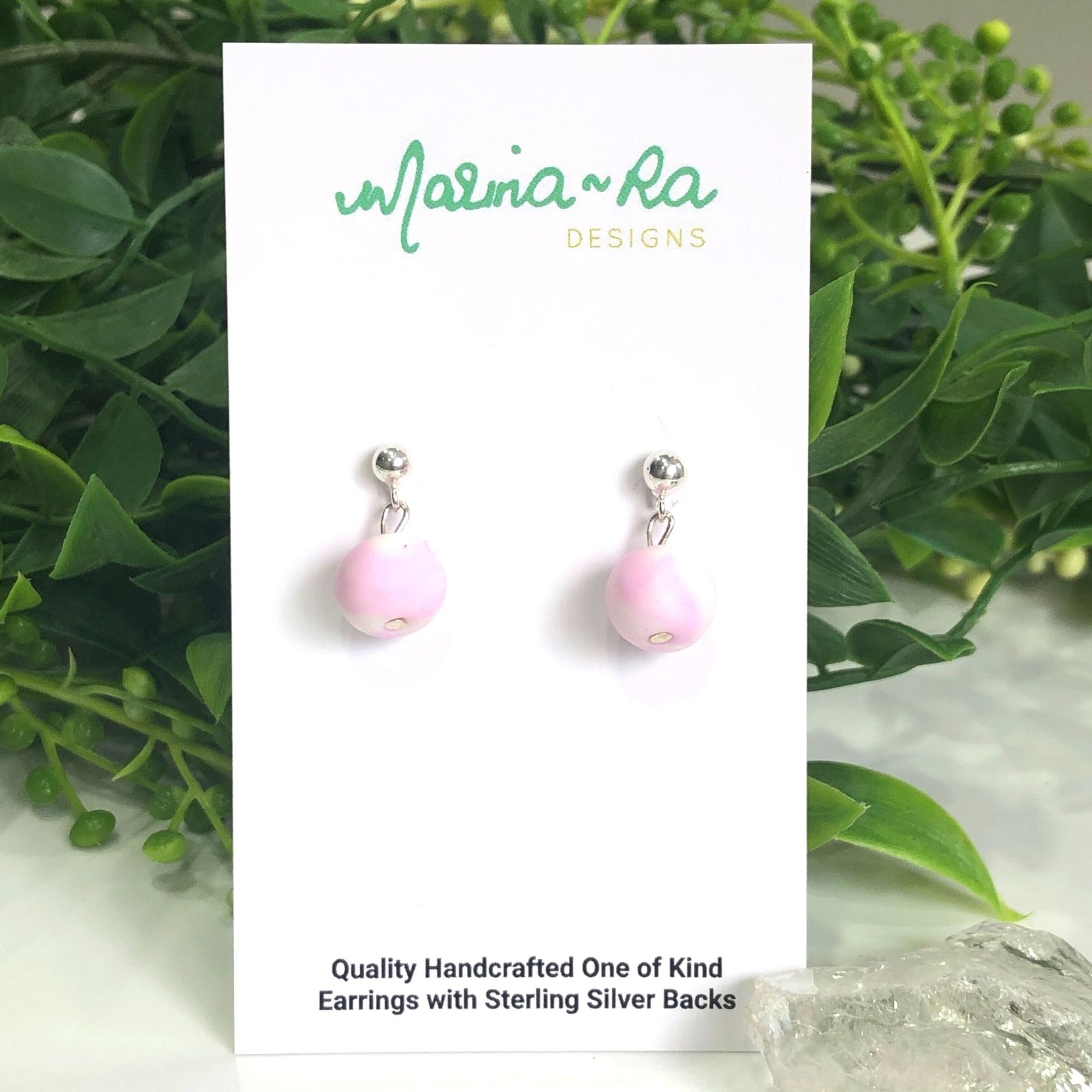Unique Drop Earrings | Pink and White Handcrafted Beads | Sterling Silver Round Stud backs LDE0024