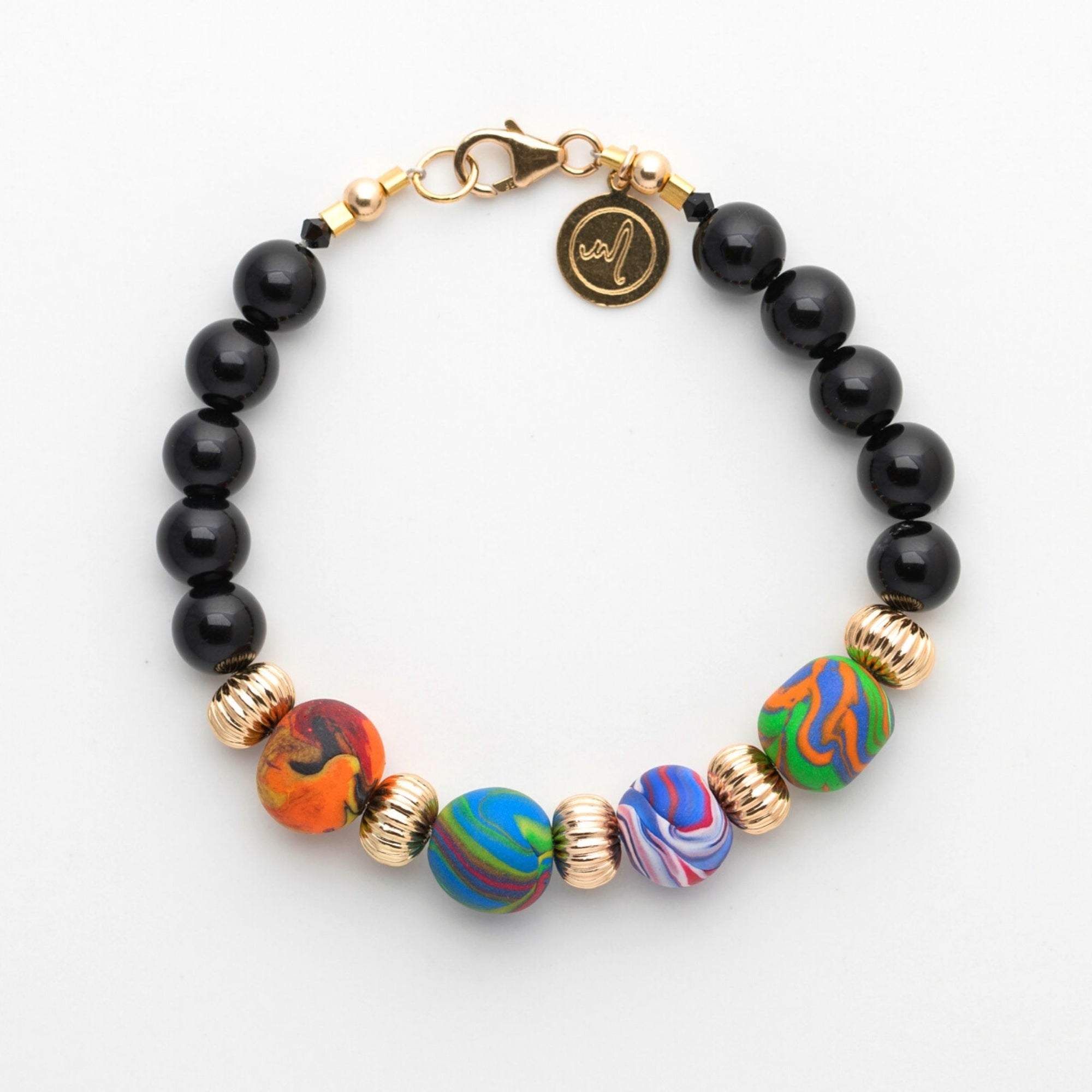 Handmade Bracelet | Multicoloured Handcrafted Beads | Black Onyx Gemstones | LBOB101