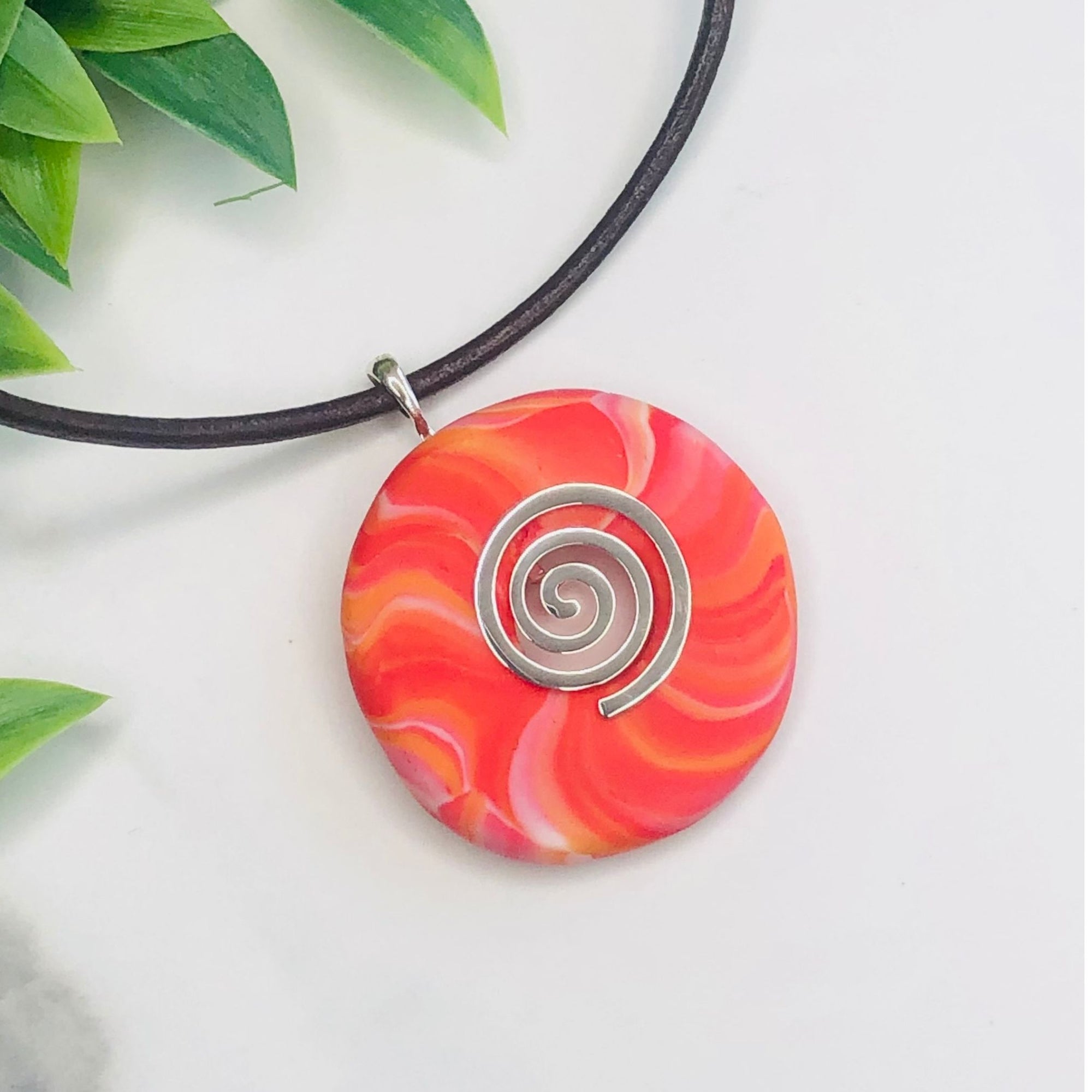 One of a Kind Necklace |Sterling Silver Swirl | Orange White and Pink Handmade Setting L SWNLK102